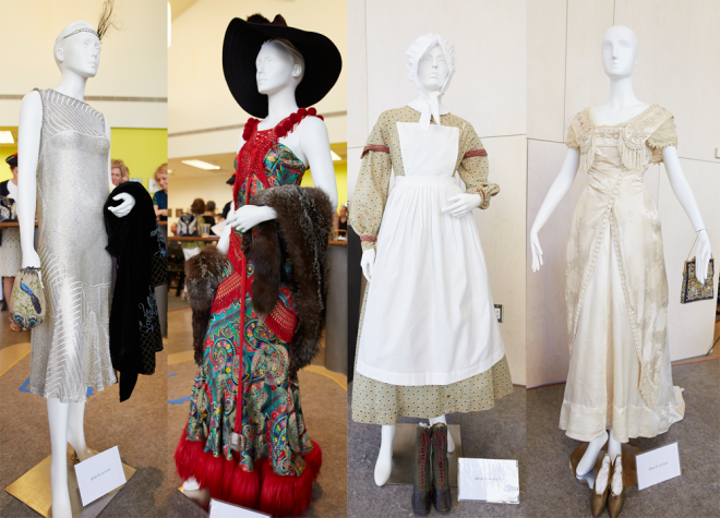 John Galliano Gown (2002), Civil War Wrapper Dress (1860s), and Taft Inauguration Gown (1909)